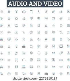 audio and video vector line icons set. Audio, Video, Sound, Music, Podcast, Radio, Broadcasting illustration outline concept symbols and signs