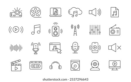 Video Iconos de audio y web. Cine, Botón, voz, radio, música. Ilustración vectorial