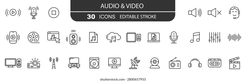 Audio and Video web icons. Cinema, play button, voice, radio, music. Vector illustration