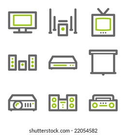 Audio video web icons, green and gray contour series