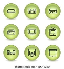 Audio video web icons, green glossy circle buttons