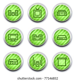 Iconos web de vídeo de audio, botones de círculo brillante verde