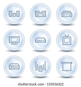Audio video web icons, light blue glossy circle buttons