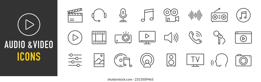 Audio- und Video-Web-Symbole im Strichstil. Kino, Redner, Online, Bild, Play-Taste, Musik, Kollektion. Vektorgrafik.