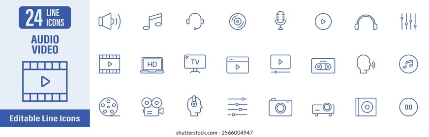 Audio and Video web icons in line style. Audio, video, microphone, media, sound, camera, podcast, cinema, movie and more. Vector illustration.