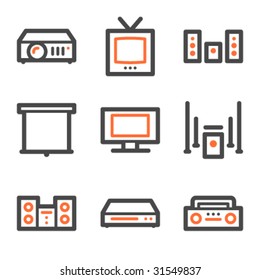 Iconos web de vídeo de audio, series de contorno naranja y gris