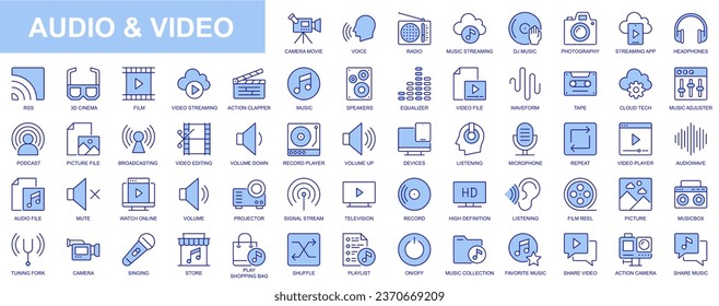 Audio and video web icons set in blue line design. Pack of camera movie, voice, radio, music streaming, photography, headphones, cinema, podcast, broadcasting, other. Vector outline stroke pictograms