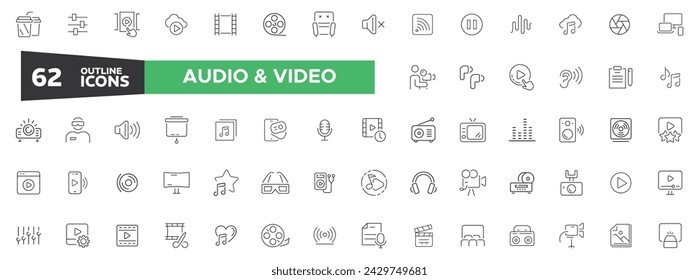Conjunto de iconos web de audio y vídeo. Música, Cine, Archivo, Canción, Película y más. Iconos vectoriales simples. Ilustración de vector