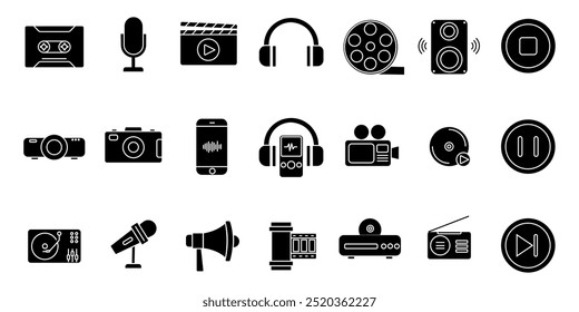 Audio and video web icons set in thin line design. Pack of camera movie, voice, radio, music streaming, photography, headphones, cinema, podcast, broadcasting, other. Vector outline stroke pictograms