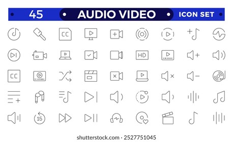 Audio and video web icons set in Outline design. Pack of camera movie, voice, radio, music streaming, photography, headphones, cinema, podcast, broadcasting, other. 
