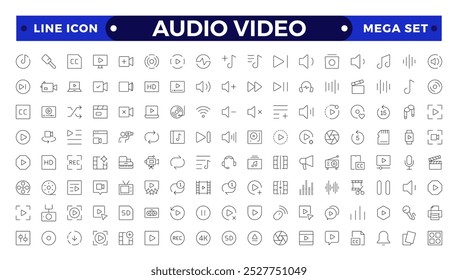 Ícones da Web de áudio e vídeo definidos no design de Estrutura de Tópicos. Pacote de filme de câmera, voz, rádio, streaming de música, fotografia, fones de ouvido, cinema, podcast, radiodifusão, outros. 
