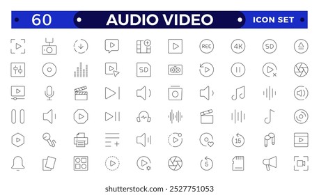 Video Iconos de audio y web establecidos en el diseño de contorno. Paquete de película de cámara, voz, radio, transmisión de música, Fotografía, auriculares, cine, podcast, transmisión, otros. 
