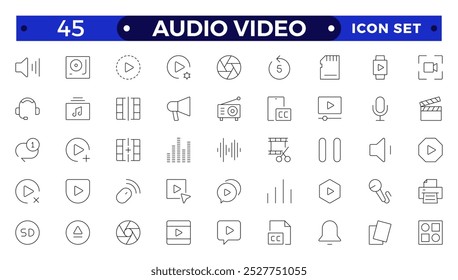 Video Iconos de audio y web establecidos en el diseño de contorno. Paquete de película de cámara, voz, radio, transmisión de música, Fotografía, auriculares, cine, podcast, transmisión, otros. 
