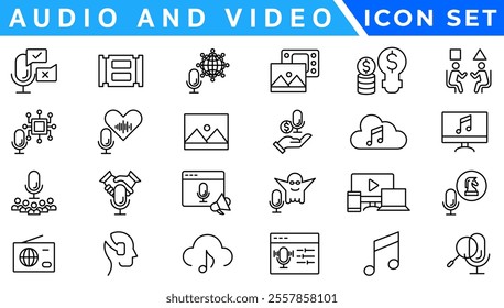 Audio and video web icons set in thin line design. Pack of camera movie, voice, radio, music streaming, photography, headphones, cinema, podcast, broadcasting, other.