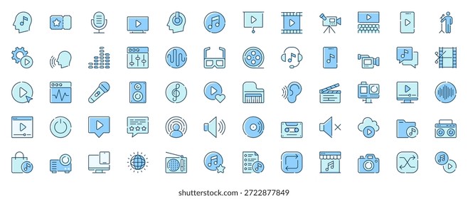 Video Iconos de audio y web establecidos en el diseño de línea. Duotone paquete de pictogramas de música, boleto de cine, micrófono, auriculares, melodía, grabación de cámara, edición, más signos de trazo de contorno. Ilustración vectorial.