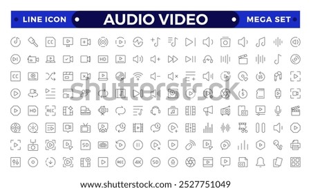 Audio and video web icons set in Outline design. Pack of camera movie, voice, radio, music streaming, photography, headphones, cinema, podcast, broadcasting, other. 
