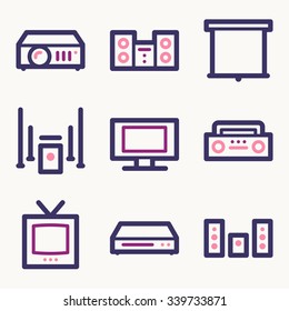 Audio video web icons, sound and cinema, music and player, stock vector