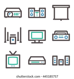 Audio video web icons, sound and cinema, music and player, stock vector