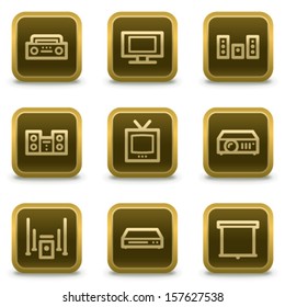 Iconos web de vídeo de audio, botones marrones cuadrados