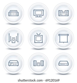 Iconos web de vídeo de audio, botones de círculo brillante en blanco