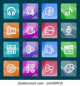 Audio video white icons on color buttons.
