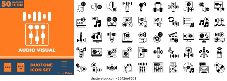 Audio Visual Duotone Editable Icons set. Vector illustration in modern thin duotone style of audio visual icons: broadcast, cable, equaliser, movie, etc