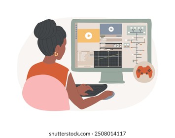 Efectos de audio y visuales Ilustraciones vectoriales de dibujos animados aislados. Especialista en TI de Profesional que agrega efectos visuales a nuevos juegos, tecnología digital moderna, dibujos animados de Vector de trabajadores de la industria del juego.