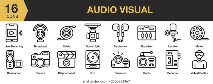 Audio Visual icon set. Includes broadcast, cable, equaliser, movie, radio, recorder, and More. Outline icons vector collection.