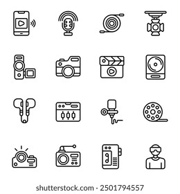 Audio Visual icon set. Includes broadcast, cable, equaliser, movie, radio, recorder, and More. Outline icons vector collection.