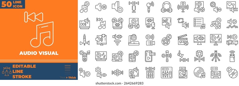 Conjunto de ícones editáveis de linha visual de áudio. Ilustração vetorial em estilo de linha fina moderna de ícones audiovisuais: transmissão, cabo, equalizador, filme, etc