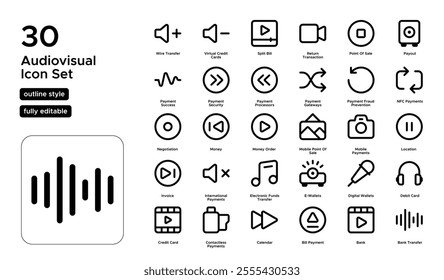 Audio Visual Line Icon Set: Sound Systems, Cameras, and Digital Broadcasting Tools Icons