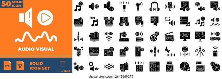 Áudio Visual Sólido editável ícones definidos. Ilustração vetorial em estilo sólido fino moderno de ícones audiovisuais: transmissão, cabo, equalizador, filme, etc