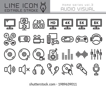 Audio visual vector icon set. Editable line stroke.