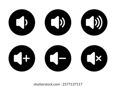 Audio volume icon set collection on black circle. Sound speaker sign symbol