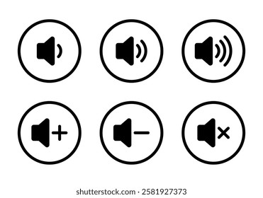 Audio volume icon set collection on circle line. Sound speaker sign symbol