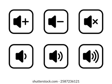 Audio volume icon set collection on square line. Sound speaker sign symbol