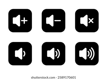 Audio volume icon set collection on black circle. Sound speaker sign symbol