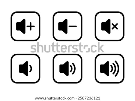 Audio volume icon set collection on square line. Sound speaker sign symbol