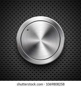 Audio volume knob, technology music button template, with metal circular brushed texture, chrome, silver, steel and realistic shadow for design concepts, web, interfaces, UI, apps. Vector Illustration