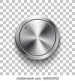 Audio volume knob, technology music button template, with metal circular brushed texture, chrome, silver, steel and realistic shadow for design concepts, web, interfaces, UI, apps. Vector Illustration