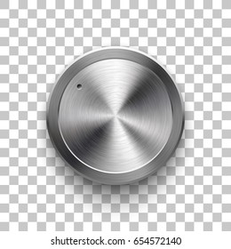 Audio volume knob, technology music button template, with metal circular brushed texture, chrome, silver, steel and realistic shadow for design concepts, web, interfaces, UI, apps. Vector Illustration
