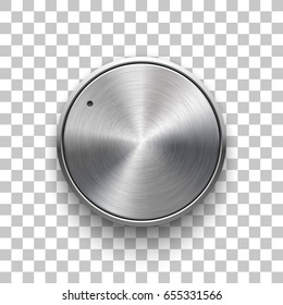 Audio volume knob, technology music button template, with metal circular brushed texture, chrome, silver, steel and realistic shadow for design concepts, web, interfaces, UI, apps. Vector Illustration