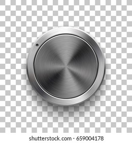 Audio volume knob, technology music button template, with metal circular brushed texture, chrome, silver, steel and realistic shadow for design concepts, web, interfaces, UI, apps. Vector Illustration