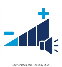 Audio volume level bar with speaker icon and adjustment symbols. Minimalist dark and light blue graphic showing increasing volume bars with a speaker icon and plus and minus controls. Ideal for user interface design or media player app presentations.