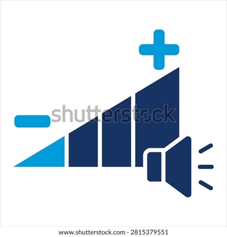 Audio volume level bar with speaker icon and adjustment symbols. Minimalist dark and light blue graphic showing increasing volume bars with a speaker icon and plus and minus controls. Ideal for user interface design or media player app presentations.