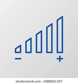 Audio volume simple icon vector. Flat design. Paper cut design. Cutted blue symbol with shadow. Gray background.ai