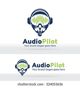 Audio wave graph pilot logo. Sound engineer identity. Music recorder studio. Sound composer industry brand. Head phone product. Sound device product.