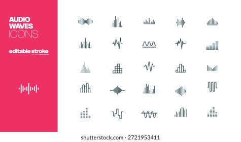 Audiowellen-Symbolsatz - Bearbeitbarer Strich. Pixel perfekt