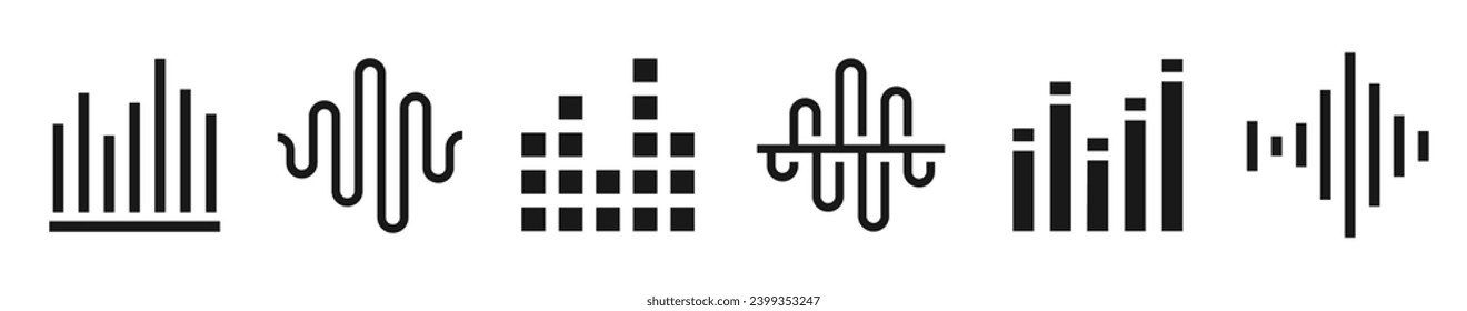 Audio wave icon set. Sound, waves, radio, soundwave, music, audio signal, equalizer, acoustic. Radio wave symbol collection - stock vector.