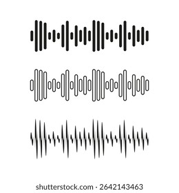 Audio wave lines. Sound signal vector. Abstract frequency shape. Black white waveform.